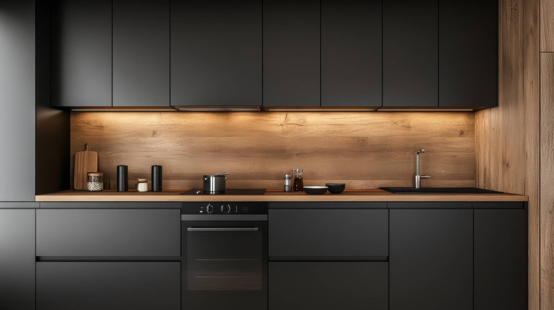 Moderne schwarze Küche mit LED Beleuchtung aus dem Küchenstudio in Pfungstadt.